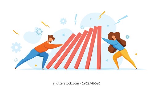 Domino effect of businessman pushing hard against falling domino vector illustration. Business concept of falling prevention, stopping conflict, solving problem, chain reaction, successful interventio