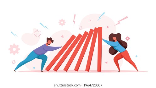 Domino effect of businessman pushing hard against falling domino vector illustration. Business concept of falling prevention, stopping conflict, solving problem, chain reaction, successful interventio