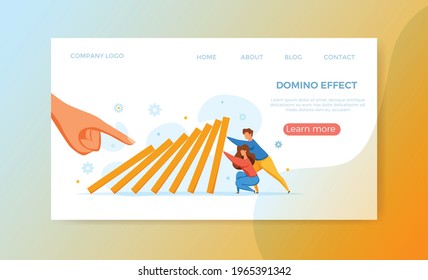 Domino effect of businessman pushing hard against falling domino vector illustration. Business concept of falling prevention, stopping conflict, solving problem, chain reaction, successful interventio