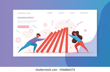 Domino effect of businessman pushing hard against falling domino vector illustration. Business concept of falling prevention, stopping conflict, solving problem, chain reaction, successful interventio