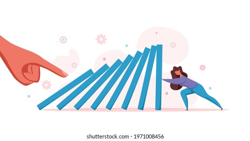 Domino effect of businessman pushing hard against falling domino vector illustration. Business concept of falling prevention, stopping conflict, solving problem, chain reaction, successful interventio