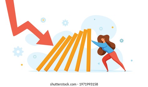 Domino effect of businessman pushing hard against falling domino vector illustration. Business concept of falling prevention, stopping conflict, solving problem, chain reaction, successful interventio