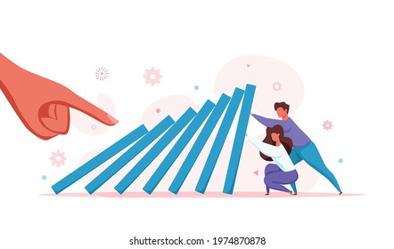 Domino effect of businessman pushing hard against falling domino vector illustration. Business concept of falling prevention, stopping conflict, solving problem, chain reaction, successful interventio