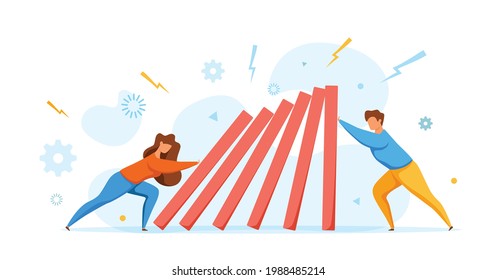 Domino effect of businessman pushing hard against falling domino vector illustration. Business concept of falling prevention, stopping conflict, solving problem, chain reaction, successful interventio