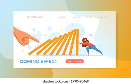 Domino effect of businessman pushing hard against falling domino vector illustration. Business concept of falling prevention, stopping conflict, solving problem, chain reaction, successful interventio