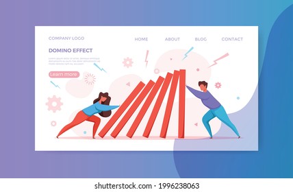 Domino effect of businessman pushing hard against falling domino vector illustration. Business concept of falling prevention, stopping conflict, solving problem, chain reaction, successful interventio