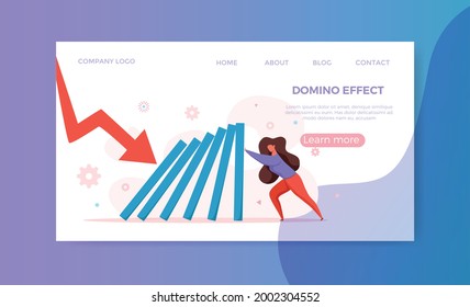 Domino-Effekt des Geschäftsmanns, der hart gegen fallende Domino-Vektorgrafik drängt. Geschäftskonzept der fallvorbeugenden Maßnahmen, Konfliktbeilegung, Problemlösung, Kettenreaktion, erfolgreiches Eingreifen
