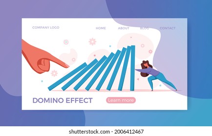 Domino effect of businessman pushing hard against falling domino vector illustration. Business concept of falling prevention, stopping conflict, solving problem, chain reaction, successful interventio