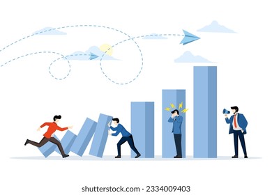 Domino effect. Businessman stop falling dominoes. Crisis management, financial intervention and conflict prevention vector concept. Business management stop falling domino column domino effect.