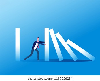 Domino Effect. Businessman Stopping Falling Domino. Crisis Management, Finance Intervention And Conflict Prevention Vector Concept. Business Management Stop Domino Effect Illustration