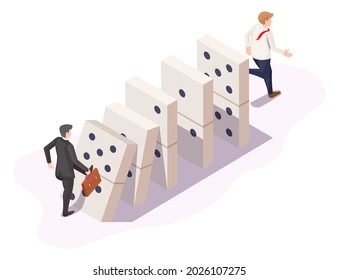 Domino effect or chain reaction in business, flat vector isometric illustration. Businessman escaping from falling dominoes. Business failure, crisis concept.