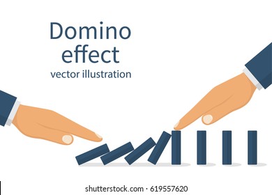 Domino effect concept. One man pushes the dominoes and second stops. Stopping chain reaction business solution. Successful intervention. Vector illustration flat design. Isolated on white background.