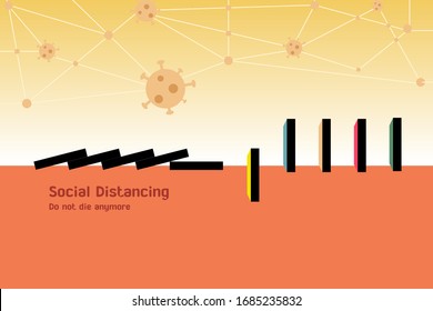 Domino effect of Covid-19 stop by social distancing. Conceptual illustration vector to anti Coronavirus. Available to edit by layers.