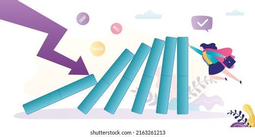 Domino effect. Falling chart hits dominoes. Investment loss. Risk management. Female investor looking like superhero is trying to keep profit under control. Business insurance. Vector illustration