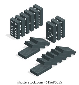 Domino effect. Full set of black isometric dominoes isolated on white. Flat vector illustration