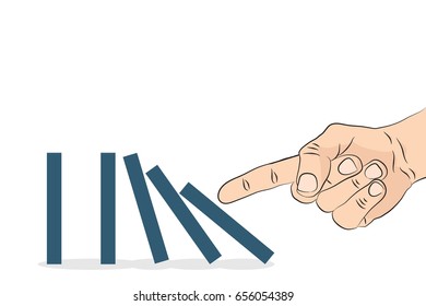 Domino effect. Hand pushing the domino. Vector illustration.
