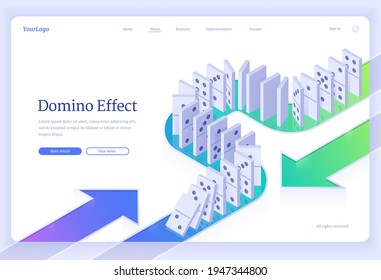 Domino effect isometric landing page with dominoes pieces row falling. Business crisis management, finance intervention, conflict prevention or mistake consequence concept. 3d vector web banner