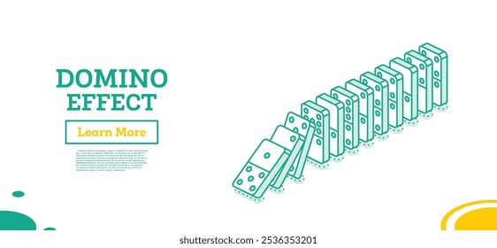 Efeito dominó. Objetos de contorno isométricos. Fila de dominós em queda. Ilustração vetorial.