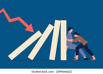 Domino effect. Leadership crisis, business management mistake metaphor. Managers prevent fall and risks. Economic strategy recent vector concept