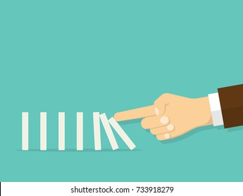 Domino effect. Man hand pushing the domino. Flat design style