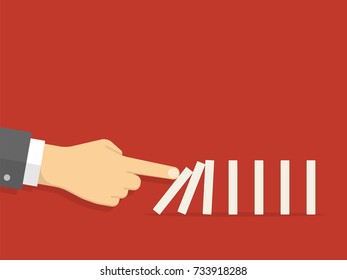 Domino effect. Man hand pushing the domino. Flat design style