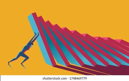 Domino Effect. Man Stopping Chain Reaction