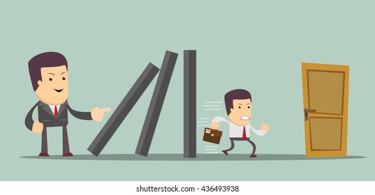 domino effect and problem solving - man running for the exit. Stock vector illustration