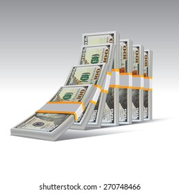 Domino effect with stacks of hundred dollar bills. Vector illustration.