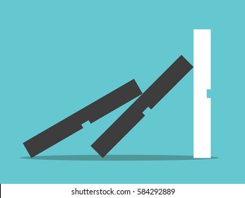 Domino effect stopped by unique white piece on turquoise blue background. Crisis, solution and power concept. Flat design. EPS 8 vector illustration, no transparency