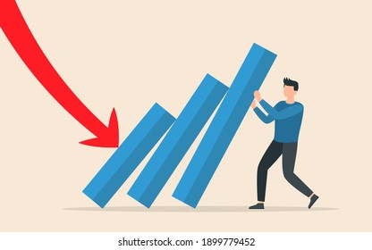 Domino-Effekt. Business-Lösung für Reaktion in der Kette stoppen. Erfolgreiches Eingreifen. Mann drängt fallendes Domino-Linie Business-Konzept der Problemlösung. Vektorgrafik.