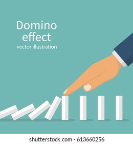 Domino effect. Stopping chain reaction business solution. Successful intervention. The man stops the falling domino with finger hand. Vector illustration flat design. Isolated on white background.