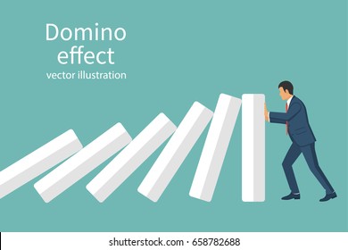 Domino-Effekt. Business-Lösung für Reaktion in der Kette stoppen. Erfolgreiches Eingreifen. Der Mensch hört auf zu fallen Domino treibt Hände. Flaches Vektorgrafik-Design. Einzeln auf Hintergrund. Geschäftsmann im Anzug.