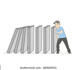 Domino effect. Stopping chain reaction business solution. Successful intervention. Man stops falling domino pushes hands. Vector illustration flat design. Isolated on background.