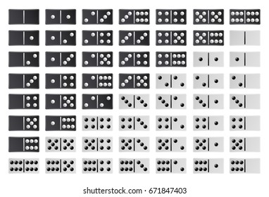 Domino Full Big Set Vector. Black And White Color. Realistic Dominoes Bones Collection Isolated On White. 56 Pieces For Game