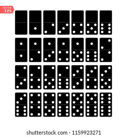 Domino Full Set Vector Realistic Illustration. Black Color. Classic Game Dominoes Bones Isolated On White. Top View. For A Game. 28 Pieces eps10
