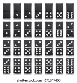 Domino Full Set Vector Realistic Illustration. Black Color. Classic Game Dominoes Bones Isolated On White. Top View. For A Game. 28 Pieces