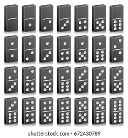 Domino Full Set Vector Realistic 3D Illustration. Black Color. Classic Game Dominoes Bones Isolated On White. Top View. For A Game. 28 Pieces