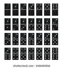 Domino game black pieces realistic illustrations set. 28 rectangular knuckles with dots isolated on white background. Traditional entertainment, gambling leisure. Strategy competition