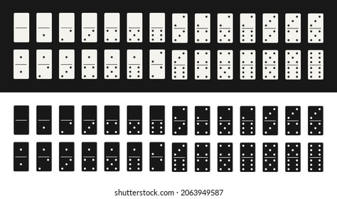 Domino game. Chip of dominoes. White and black domino icon isolated on board. Set of block for gambling. Full series of wooden chip. Stone for tournament, casino. Brick for game. Vector.