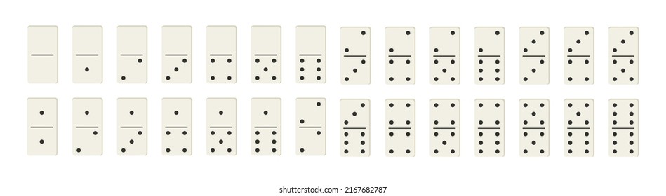 Domino game. Chip of domino. White domino icons isolated on white background. Set of block for gambling. Full series wooden chip. Stone for tournament, casino. Brick for game. Vector.