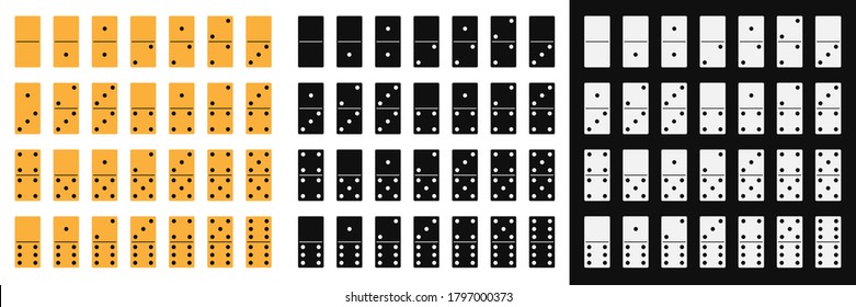 Domino game icon set in flat style. Classic black, white and wood sets