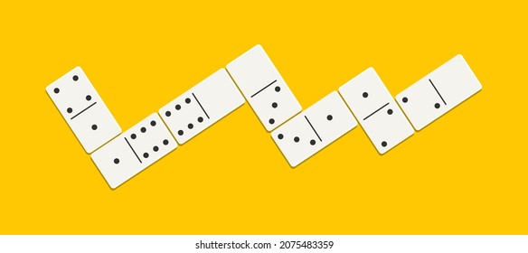 Domino game on table. Icon of dominoes isolated on orange background. White chip of domino on board for gambling. Serie of wooden chip. Stone for tournament, casino. Brick for game. Vector.