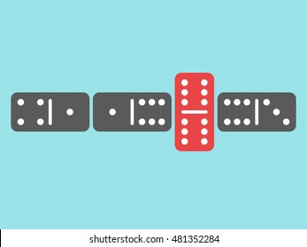Domino game with one red unique tile on blue background. Uniqueness, creativity and individuality concept. Flat design. Vector illustration. EPS 8, no transparency