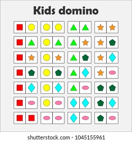 Domino game with pictures (geometric shapes) for children, fun education game for kids, preschool  activity, task for the development of thinking, vector illustration