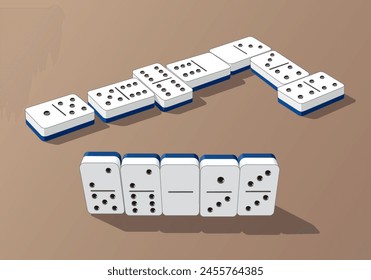 Domino Game Pieces with Blue Stripes in game situations, vector illustration isolated, eps