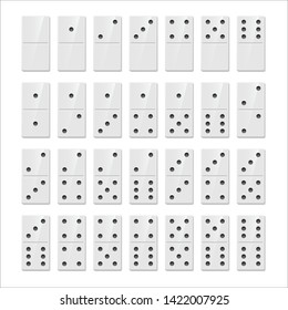 Domino game pieces realistic illustrations set. 28 rectangular knuckles with dots isolated on white background. Traditional entertainment, gambling leisure. Strategy competition, tactical challenge