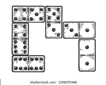 Domino game play bones engraving vector illustration. Scratch board style imitation. Black and white hand drawn image.