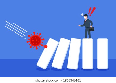 Domino hit by a virus and falling with businessman standing. Creative concept idea of domino effect, economic crisis, and financial impact by coronavirus or covid-19. Trendy cute vector illustration.