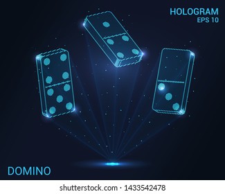 Domino hologram. Holographic projection of dominoes. Flickering energy flux of particles. Scientific sports design.