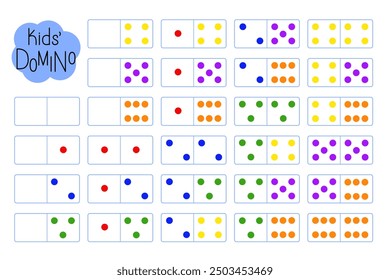 Domino for kids, learning counting, fun educational activity for logic thinking development, bright multi-colored dots illustration printable worksheet for group board game, teacher resources